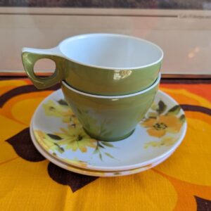 Duraware Green Cups and Floral Saucers set