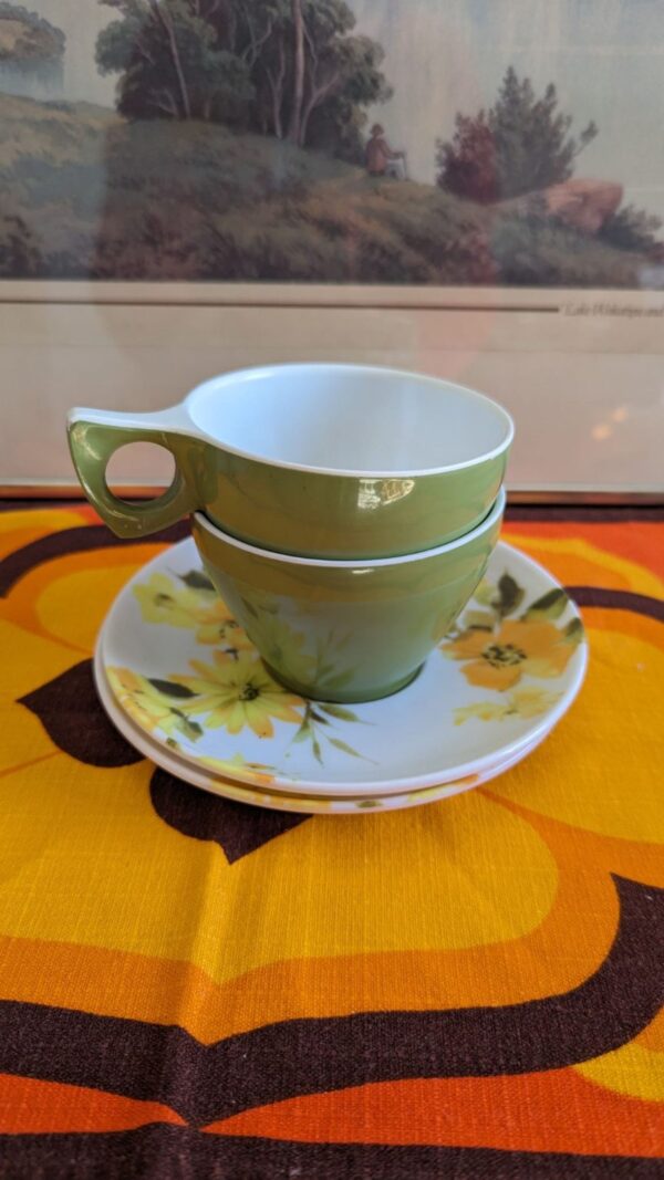 Duraware Green Cups and Floral Saucers set